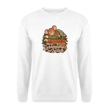 Mein Lieblingsplatz am Bücherstapel - Unisex Pullover - Weiß - Vorne - Alina (178cm) & Michal (187cm)