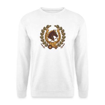 Pferdehof Wappen Hufeisen – personalisierbar - Unisex Pullover - Weiß - Vorne - Alina (178cm) & Michal (187cm)