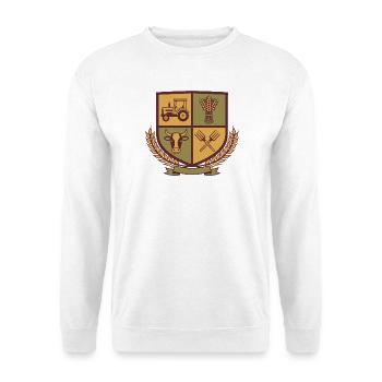 Hof Wappen Traktor Kuh Ähren – personalisierbar - Unisex Pullover - Weiß - Vorne - Alina (178cm) & Michal (187cm)