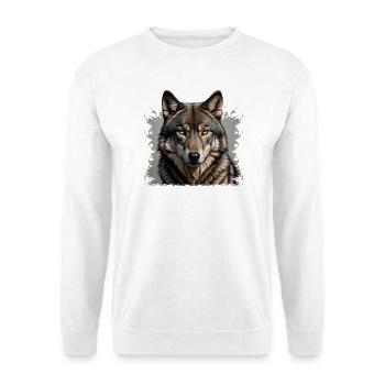 Wolfskopf Portrait: Realistischer Wolf - Unisex Pullover - Weiß - Vorne - Alina (178cm) & Michal (187cm)