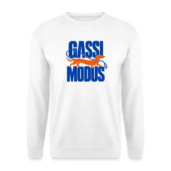 Gassi Modus – Dackel in Blau und Orange - Unisex Pullover - Weiß - Vorne - Alina (178cm) & Michal (187cm)