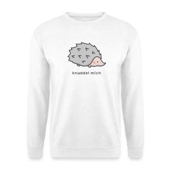 Niedlicher Igel Cartoon mit Spruch Knuddel mich - Unisex Pullover - Weiß - Vorne - Alina (178cm) & Michal (187cm)