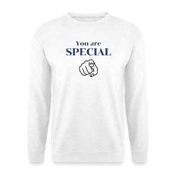 Du bist eine besondere motivierende Zeigehand-Kunst - Unisex Pullover - Weiß - Vorne - Alina (178cm) & Michal (187cm)