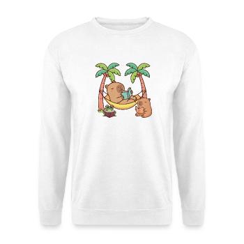 Niedliche Kapybara-Lesebücher Hängematte Tropenkunst - Unisex Pullover - Weiß - Vorne - Alina (178cm) & Michal (187cm)