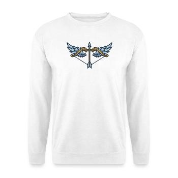 Pfeil Bogen Fluegel Wappen - Unisex Pullover - Weiß - Vorne - Alina (178cm) & Michal (187cm)