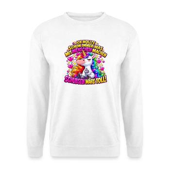 Regenbogen Unicorn Glitzer Spruch - Unisex Pullover - Weiß - Vorne - Alina (178cm) & Michal (187cm)