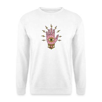 Mystische Hand mit Auge & Blitzen T-Shirt Design - Unisex Pullover - Weiß - Vorne - Alina (178cm) & Michal (187cm)