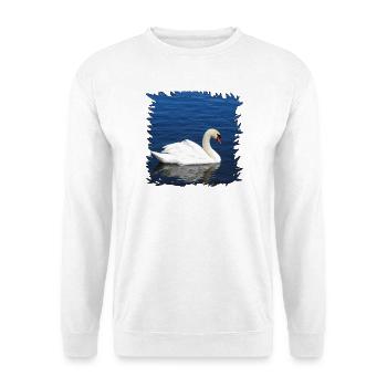 Schwan auf blauem Wasser - Unisex Pullover - Weiß - Vorne - Alina (178cm) & Michal (187cm)