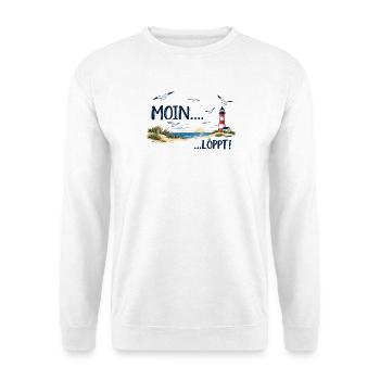 Moin Löppt! Norddeutscher Humor mit Leuchtturm pur - Unisex Pullover - Weiß - Vorne - Alina (178cm) & Michal (187cm)