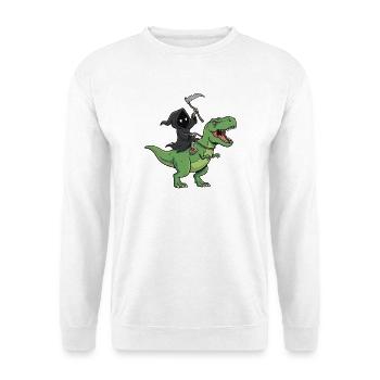 Sensenmann auf T-Rex  - Unisex Pullover - Weiß - Vorne - Alina (178cm) & Michal (187cm)