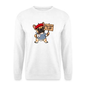 Französische Bulldogge – Aber zuerst Kaffee - Unisex Pullover - Weiß - Vorne - Alina (178cm) & Michal (187cm)