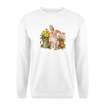 Hase mit Blumen – Geschenk für Gartenfreunde - Unisex Pullover - Weiß - Vorne - Alina (178cm) & Michal (187cm)