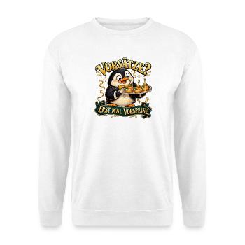 Pinguin mit Vorspeise - Unisex Pullover - Weiß - Vorne - Alina (178cm) & Michal (187cm)