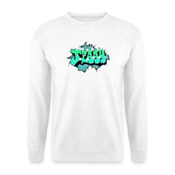 Jessy Graffiti Name: Neongrüne Backsteinwandexplosion - Unisex Pullover - Weiß - Vorne - Alina (178cm) & Michal (187cm)