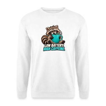 Low Battery, High Caffeine – Waschbär - Unisex Pullover - Weiß - Vorne - Alina (178cm) & Michal (187cm)