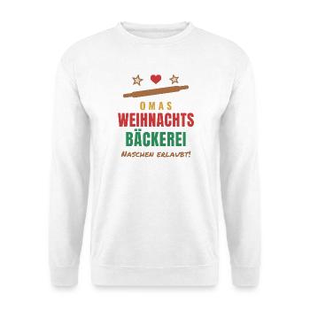 Omas Weihnachtsbäckerei – Naschen erlaubt - Unisex Pullover - Weiß - Vorne - Alina (178cm) & Michal (187cm)