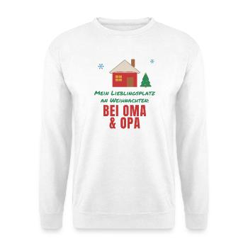Lieblingsplatz an Weihnachten: bei Oma & Opa - Unisex Pullover - Weiß - Vorne - Alina (178cm) & Michal (187cm)