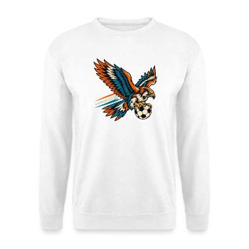 Falke mit Fußball in dynamischem Flug - Unisex Pullover - Weiß - Vorne - Alina (178cm) & Michal (187cm)