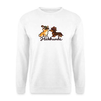 Hütehunde – Corgi & Dackel mit Trachtenhut - Unisex Pullover - Weiß - Vorne - Alina (178cm) & Michal (187cm)