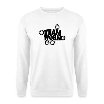 Teamwork Zahnräder Teamarbeit Schriftzug - Unisex Pullover - Weiß - Vorne - Alina (178cm) & Michal (187cm)