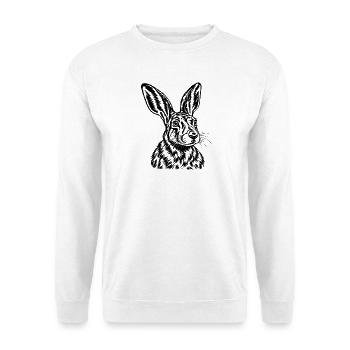 Feldhase – Detaillierte Schwarz Weiß Gravur - Unisex Pullover - Weiß - Vorne - Alina (178cm) & Michal (187cm)