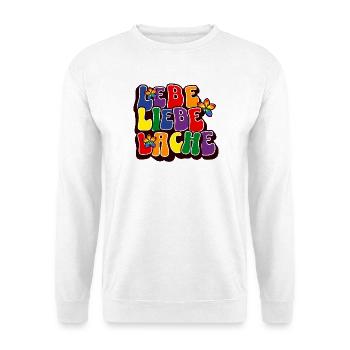 Lebe Liebe Lache Bunt Retro Spruch - Unisex Pullover - Weiß - Vorne - Alina (178cm) & Michal (187cm)