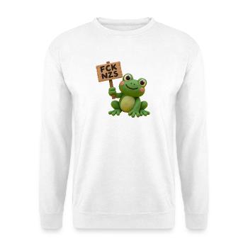 FCK NZS - Frosch mit Holzschild gegen Rechts  - Unisex Pullover - Weiß - Vorne - Alina (178cm) & Michal (187cm)