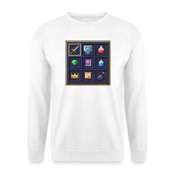 Pixel Art Heldeninventar mit Schwert und Tränken - Unisex Pullover - Weiß - Vorne - Alina (178cm) & Michal (187cm)