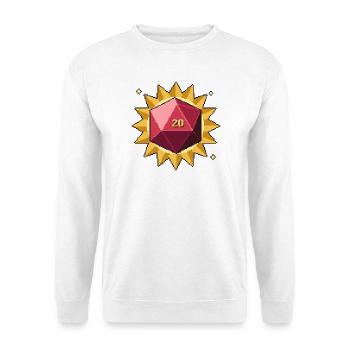Zwanzigseitiger Würfel in Pixel Art: kritische 20 - Unisex Pullover - Weiß - Vorne - Alina (178cm) & Michal (187cm)
