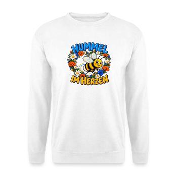 Hummel im Herzen – Biene und Blumen - Unisex Pullover - Weiß - Vorne - Alina (178cm) & Michal (187cm)