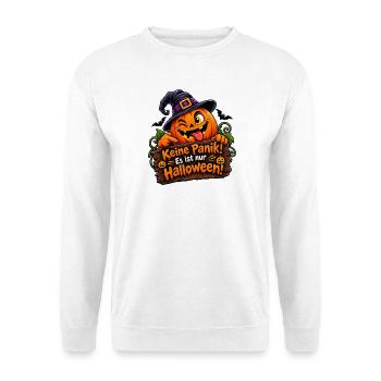 Keine Panik Halloween Kürbis Motiv - Unisex Pullover - Weiß - Vorne - Alina (178cm) & Michal (187cm)