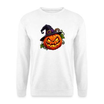 Kürbis mit Hexenhut Halloween Motiv - Unisex Pullover - Weiß - Vorne - Alina (178cm) & Michal (187cm)