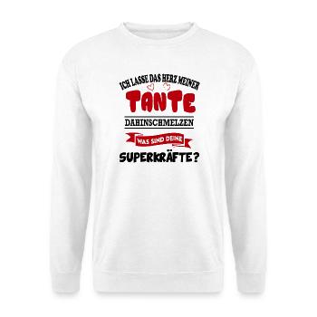 Tante Was sind deine Superkräfte Baby Sprüche - Unisex Pullover - Weiß - Vorne - Alina (178cm) & Michal (187cm)