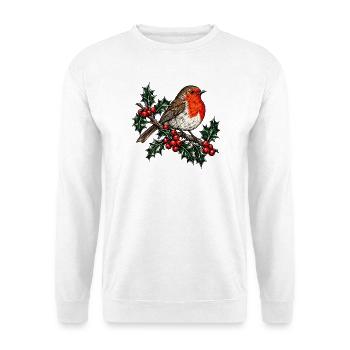 Rotkehlchen auf Stechpalmenzweig - Unisex Pullover - Weiß - Vorne - Alina (178cm) & Michal (187cm)