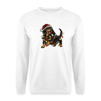 Weihnachtsdackel mit Lichterketten - Unisex Pullover - Weiß - Vorne - Alina (178cm) & Michal (187cm)