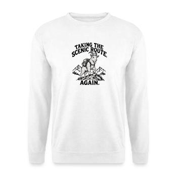 Wieder die landschaftlich reizvolle Route nehmen – lustige wandernde Ziege - Unisex Pullover - Weiß - Vorne - Alina (178cm) & Michal (187cm)