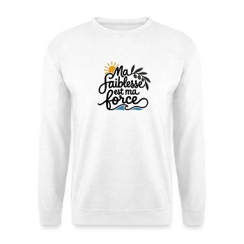 Meine Schwäche ist meine Stärke - Unisex Pullover - Weiß - Vorne - Alina (178cm) & Michal (187cm)