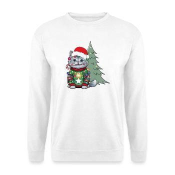 Weihnachtskatze mit Lichtkette - Unisex Pullover - Weiß - Vorne - Alina (178cm) & Michal (187cm)