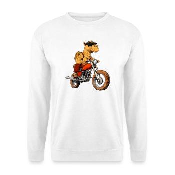 Kamele Motorradfahrer / Motorrad Dromedar - Unisex Pullover - Weiß - Vorne - Alina (178cm) & Michal (187cm)