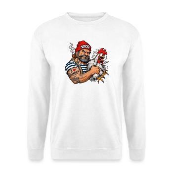 Seemann mit Hahn Karikatur - Unisex Pullover - Weiß - Vorne - Alina (178cm) & Michal (187cm)