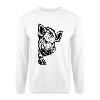 Wütender Keiler – Schwarze Wildschwein Gravur - Unisex Pullover - Weiß - Vorne - Alina (178cm) & Michal (187cm)