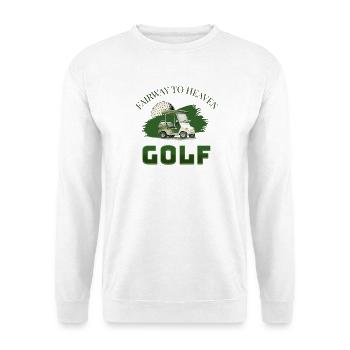 Fairway to Heaven Golf Cart Golfer Motiv - Unisex Pullover - Weiß - Vorne - Alina (178cm) & Michal (187cm)