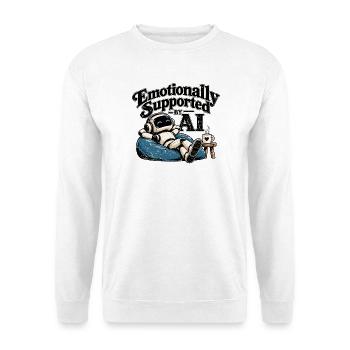 Emotionally Supported by AI – Funny Robot - Unisex Pullover - Weiß - Vorne - Alina (178cm) & Michal (187cm)
