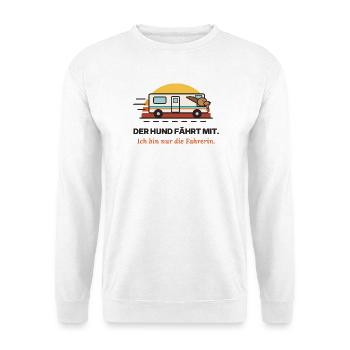 Hund fährt mit: Fahrerin Humor - Unisex Pullover - Weiß - Vorne - Alina (178cm) & Michal (187cm)