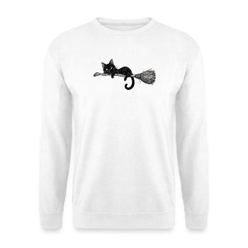 Schwarze Katze auf dem Besen - Unisex Pullover - Weiß - Vorne - Alina (178cm) & Michal (187cm)