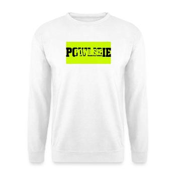 Glitch Neon-Text auf fluoreszierendem Gelb - Unisex Pullover - Weiß - Vorne - Alina (178cm) & Michal (187cm)