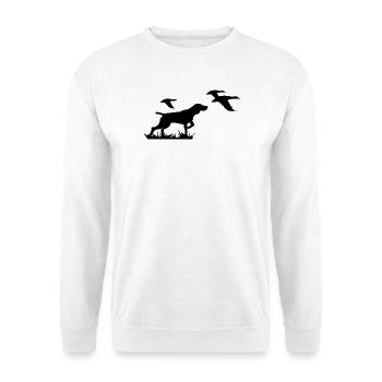 Laufender Hund Silhouette mit Vögeln - Entenjagd - Unisex Pullover - Weiß - Vorne - Alina (178cm) & Michal (187cm)
