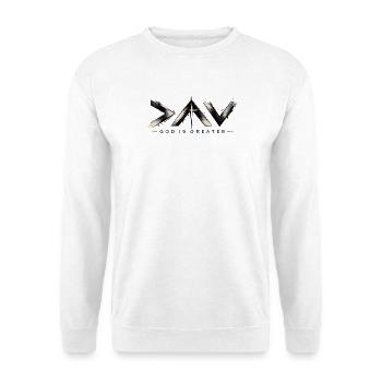 God Is Greater – Christliches Streetwear Design - Unisex Pullover - Weiß - Vorne - Alina (178cm) & Michal (187cm)