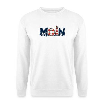 Moin mit Rettungsring und Leuchtturm | Küstenliebe - Unisex Pullover - Weiß - Vorne - Alina (178cm) & Michal (187cm)