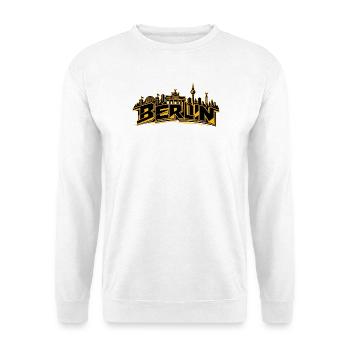 Berlin Skyline Logo Großbuchstaben - Unisex Pullover - Weiß - Vorne - Alina (178cm) & Michal (187cm)